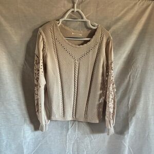 Cotton sweater with lace cutwork long sleeves